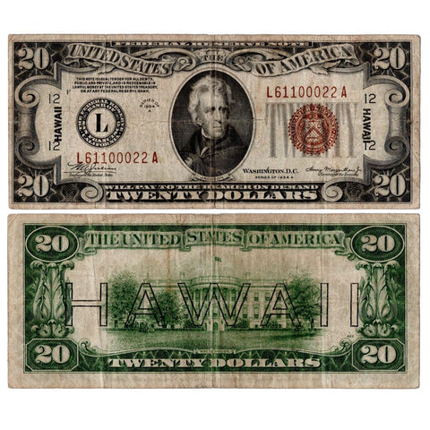 1934-A $20 Hawaii World War 2 Emergency Issue Federal Reserve Note Fr. 2305 - Choice Fine