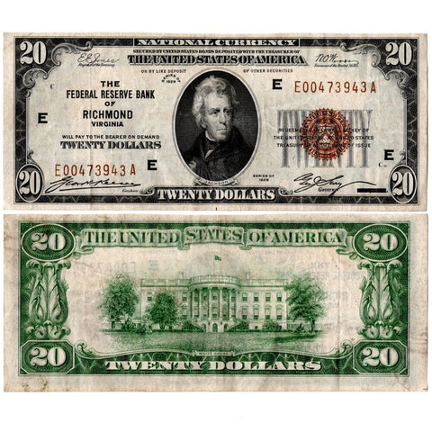 1929 $20 Richmond Federal Reserve Bank Note Fr. 1870-E - Very Fine