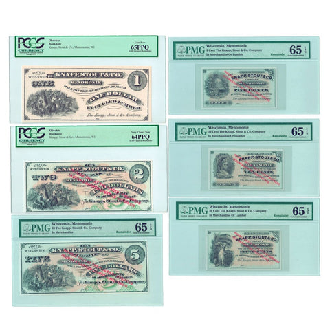 Knapp, Stout, & Co. Wisconsin Obsolete Banknote Bundle $5, $2, $1, 50c, 10c, 5c - PCGS/PMG 64-65 PPQ