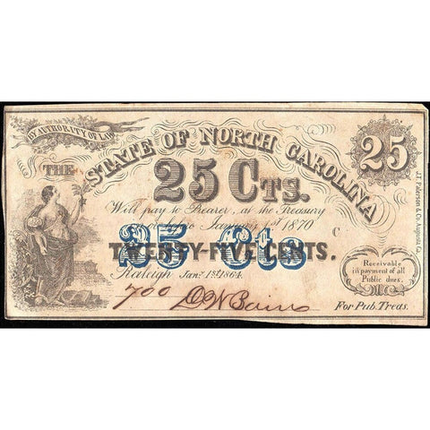 1864 State of North Carolina "Prosperina" 25¢ Fractionals Cr.150 - AU to Uncirculated