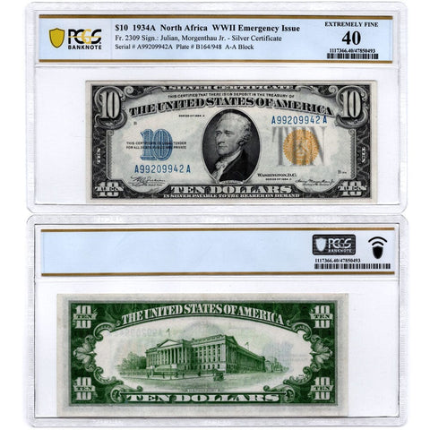1934-A $10 North Africa Emergency Issue Silver Certificate, FR. 2309 - PCGS XF40