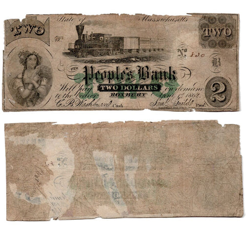 1862 $2 Roxbury, MA People's Bank Obsolete Note - Net Good