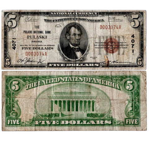 1929 Type-1 $5 Pulaski National Bank, VA Charter 4071 Fr. 1800- Very Good