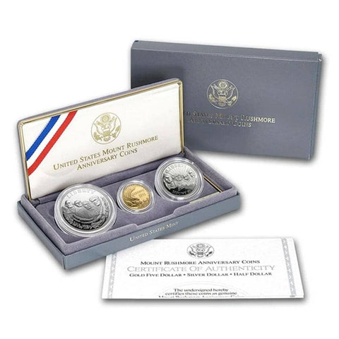 1991 $5, $1, 50¢ Mount Rushmore Anniversary 3-Coin Set - Gem Proof in OGP w/ COA