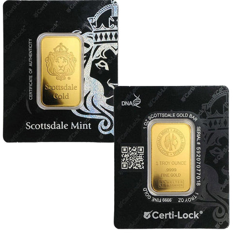 Scottsdale Mint .9999 Fine Gold 1 oz Bar in Certi-Lock Assay