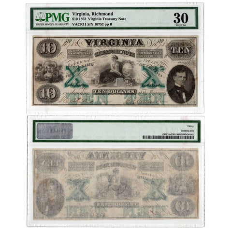 1862 $10 Virginia Treasury Note Cr. 11 - PMG VF30