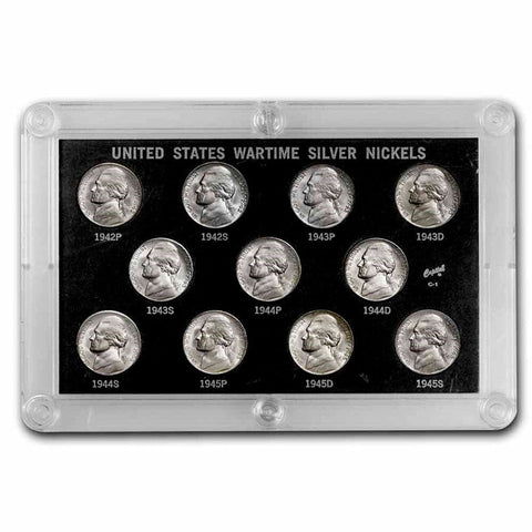 1942-1945 P-D-S Wartime Nickels Set w/ Hard Plastic Display Case - All Coins BU