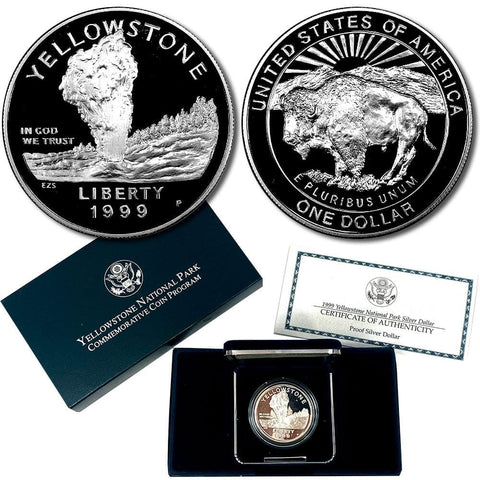 1999-P Yellowstone Proof Commemorative Silver Dollar in OGP w/ COA - Gem Proof