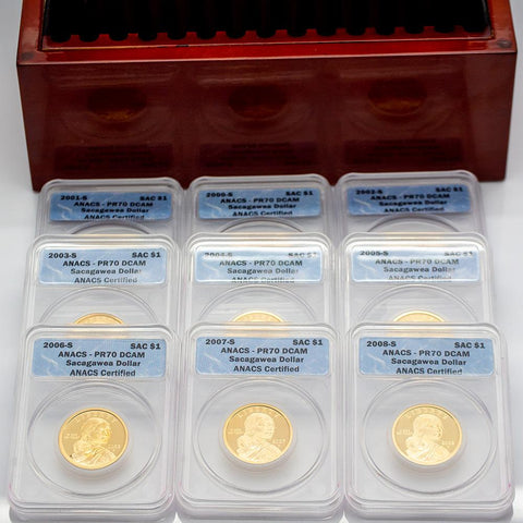 2000-S to 2008-S Sacagawea Dollar 9-Coin Set in Deluxe Wood Box - ANACS PR 70 DCAM