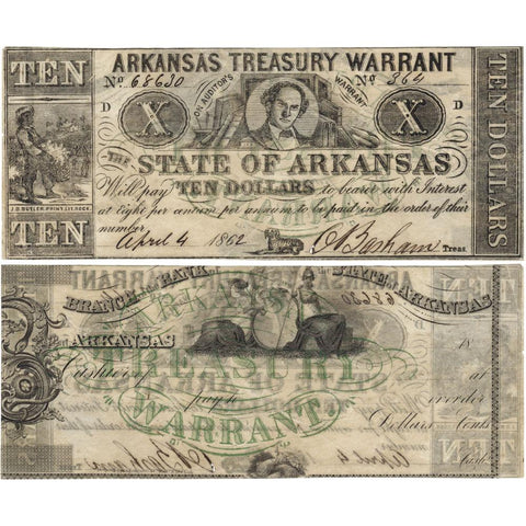 April 4, 1862 $10 State of Arkansas Treasury Warrant Note, Cr. 54 - Extremely Fine+