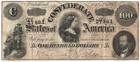 T-56 Apr. 6 1863 $100 Confederate States of America (C.S.A.) - Very Fine