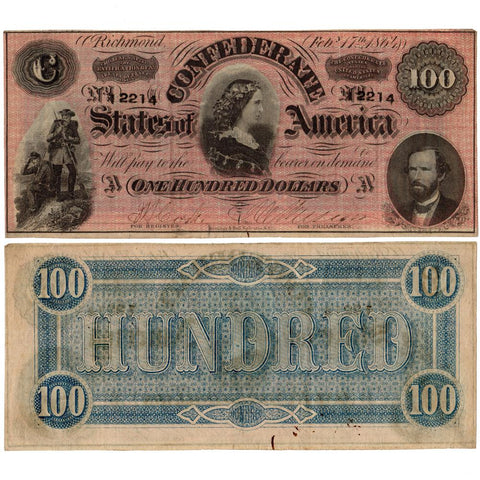 T-65 Feb. 17 1864 "Lucy Pickens" $100 Confederate States of America ~ About Uncirculated