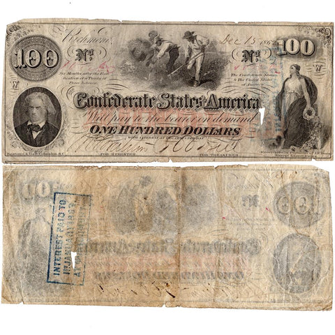 T-41 December 15th 1862 $100 Confederate States of America Note - Net Very Good