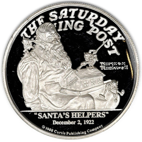 1988 Proof Norman Rockwell Saturday Evening Post "Santa's Helpers" 2 oz. Silver Round