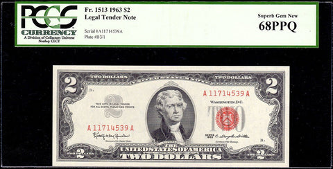 1963 $2 Red Seal U.S. Note Fr. 1513 - PCGS Superb Gem New 68 PPQ