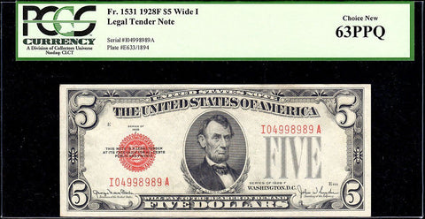 1928-F $5 Legal Tender Note (Wide I) Fr. 1531 - PCGS Choice New 63 PPQ