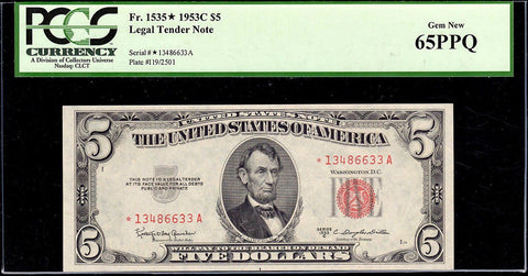 1953-C $5 Red Seal U.S. Star Note Fr. 1535* - PCGS Gem New 65 PPQ
