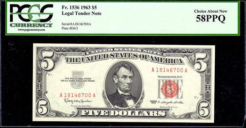 1963 $5 Red Seal U.S. Note Fr. 1536- PCGS Choice About New 58 PPQ