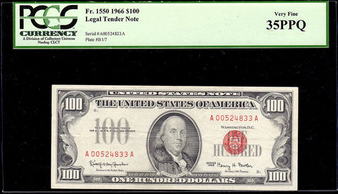 1966 $100 U.S. Legal Tender Note Fr. 1550 - PCGS Very Fine 35 PPQ