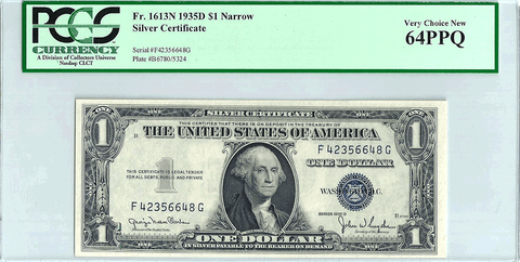 1935-D Narrow $1 Silver Certificate Fr. 1613N - PCGS Very Choice New 64 PPQ
