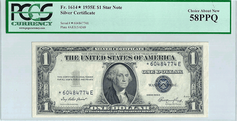 1935-E $1 Silver Certificate Star Note Fr. 1614* - PCGS Choice About New 58 PPQ