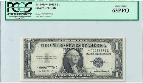 1935-F $1 Silver Certificate Star Note Fr. 1615* - PCGS Gem New 63 PPQ