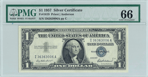 1957 $1 Silver Certificate Star Note Fr. 1619 - PMG Gem Uncirculated 66