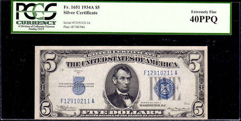 1934-A $5 Silver Certificate FR. 1651 - PCGS Extremely Fine 40 PPQ