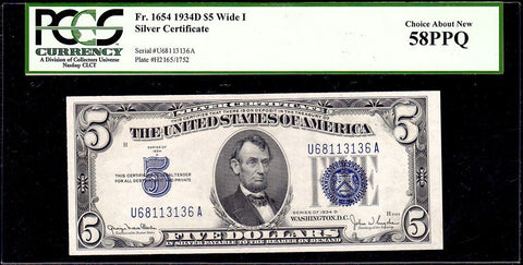 1934-D $5 Silver Certificate FR. 1654 (Wide I) - PCGS Choice About New 58 PPQ