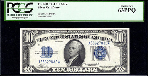 1934 $10 Silver Certificate Fr. 1701 Mule - PCGS Choice New 63 PPQ