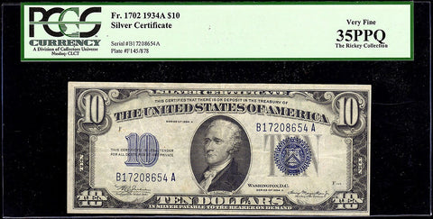 1934-A $10 Silver Certificate Fr. 1702 - PCGS Very Fine 35 PPQ (Ricky Collection)