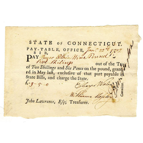 January 22, 1782 Connecticut Pay-Table £9 5s Note - Very Fine