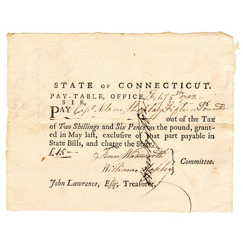 February 5th, 1782 Connecticut Pay-Table £15 Note - Very Fine