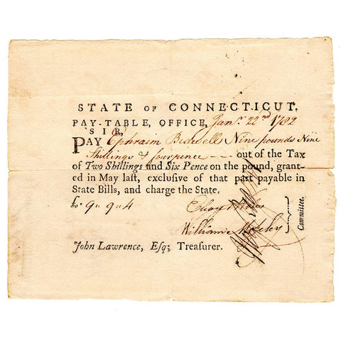 January 22, 1782 Connecticut Pay-Table £9 9s 4p Note - Very Fine