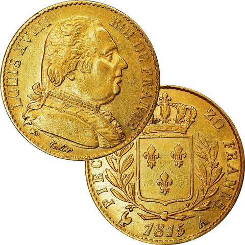 1815-A French Louis XVIII 20 Franc Gold Coins KM. 706.1 - Extremely Fine