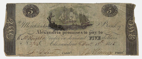 1815 $5 Merchant's Bank of Alexandria, D.C. (Scarce) ~ Very Good