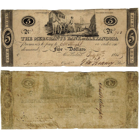Scarce 1815 $5 Merchant's Bank of Alexandria, D.C. - Very Good