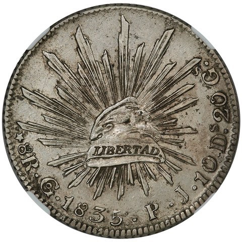 1835-GoPJ Mexico Cap & Rays 8 Reales Star on Cap - KM.377.8 - NGC AU Details