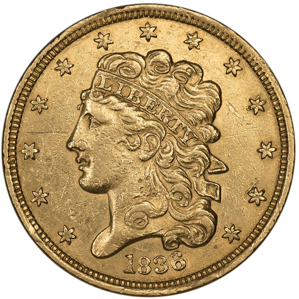 1836 Classic Head $5 Gold - Ex-Jewelry XF Details
