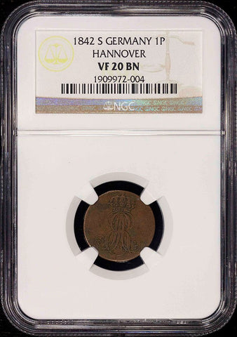 German States, Hannover - 1842-S Copper 1 Pfennig - KM.173.3 - NGC VF 20 BN