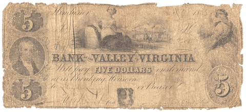 1846 $5 Bank of the Valley of Virginia, Winchester (Winchester Branch) VA255-G16a - About Good