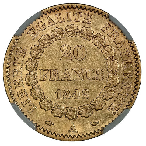 1848-A French Republic 20 Franc Gold Coin KM.757 - NGC AU 50