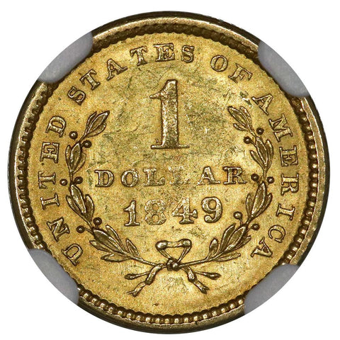 1849 Open Wreath Gold Dollar - NGC MS 62 - Brilliant Uncirculated