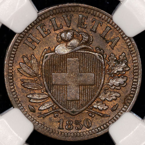 1850-A Switzerland Bronze 2 Rappen KM.4.1 - NGC MS 62 BN