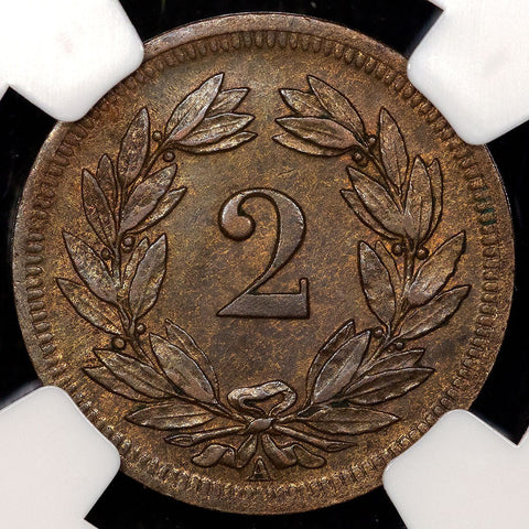 1850-A Switzerland Bronze 2 Rappen KM.4.1 - NGC MS 62 BN