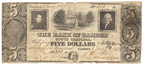 1851 Bank of Camden South Carolina $5 SC-5-G4 ~ Very Good/Fine