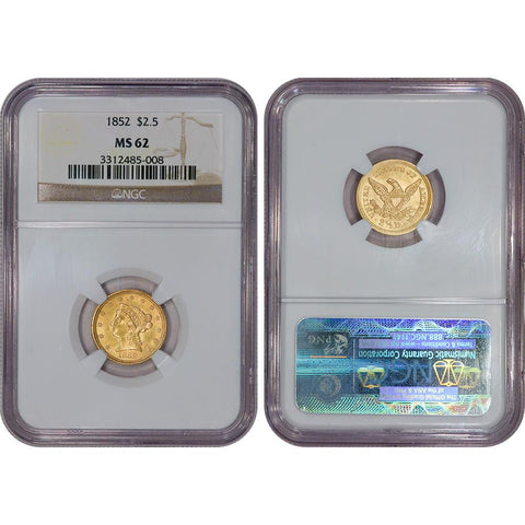 1852 $2.5 Liberty Gold Coin - NGC MS 62 PQ Brilliant Uncirculated