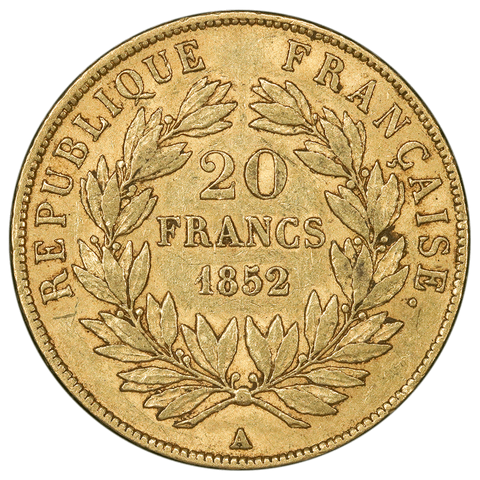 1852-A French Napoleon 20 Franc Gold Coin KM.774 - VF/XF