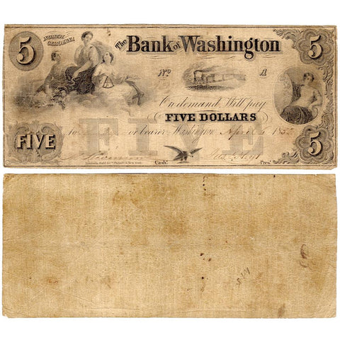 1852 $5 Bank of Washington, North Carolina Haxby G10 - Fine