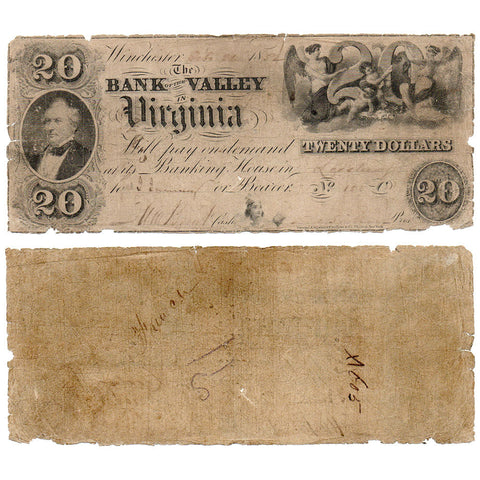1852 $20 Bank of the Valley of Virginia, Winchester (Leesburg Branch) VA255-G92 - Good